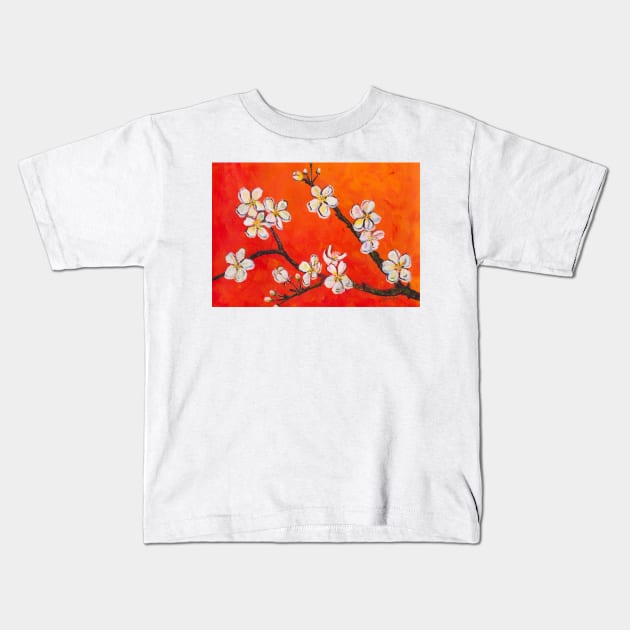 Blossoming Tree Branch With White Flowers Painting Kids T-Shirt by Paintings by Julia Doria